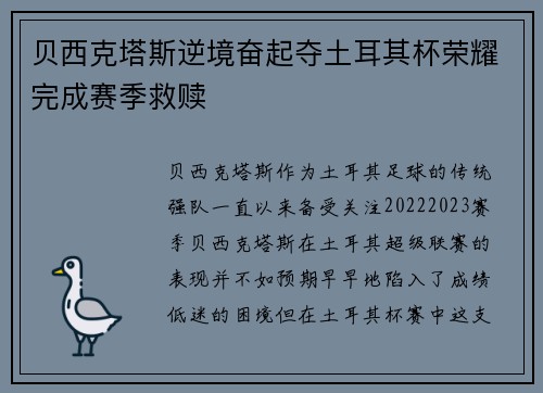 贝西克塔斯逆境奋起夺土耳其杯荣耀完成赛季救赎 贝西克塔斯逆境奋起夺土耳其杯荣耀完成赛季救赎