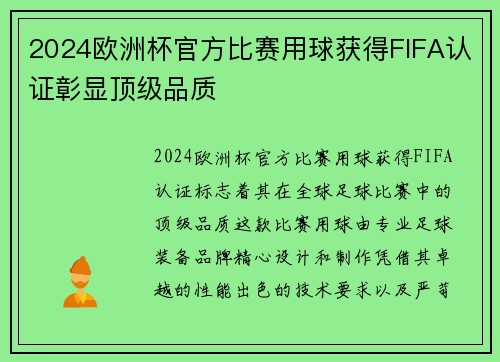 2024欧洲杯官方比赛用球获得FIFA认证彰显顶级品质